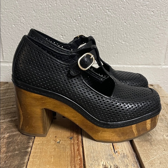 Matisse Black Perforated Platform Mary Jane’s with Wood Heel - Picture 5 of 11